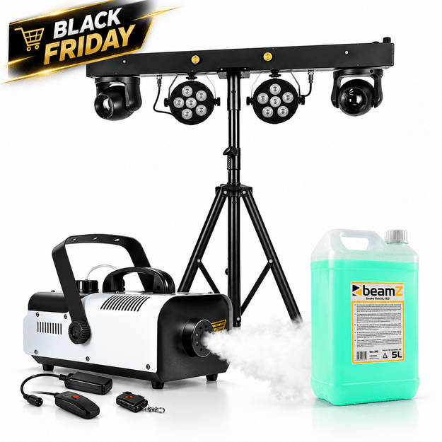 R04 Combo šviesos efektų rinkinys + Shotworx 900W dūmų mašina su dūmų skysčiu