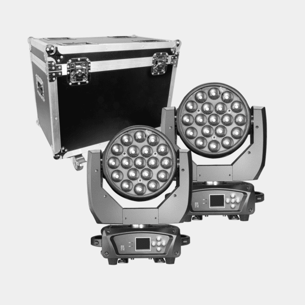 2x 19x15w RGBW 4in1 LED Zoom Judanti galva su transportavimo dėže 2in1