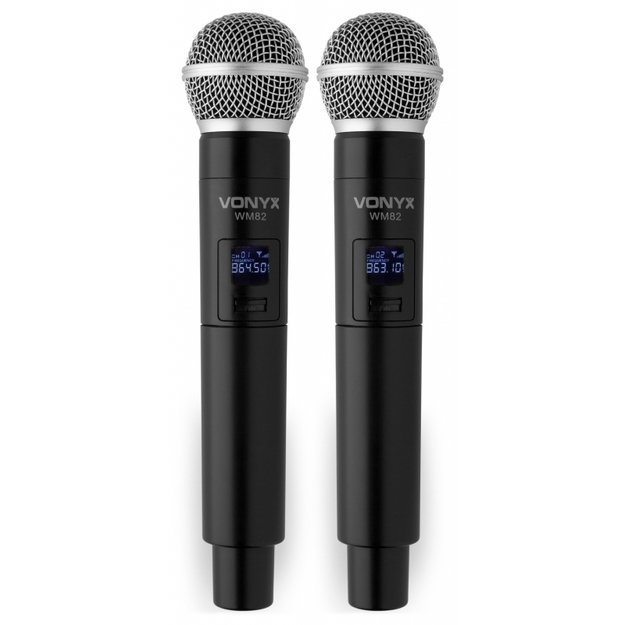 VONYX WM82 UHF 2-kanalų bevielių mikrofonų komplektas su 2 rankiniais mikrofonais