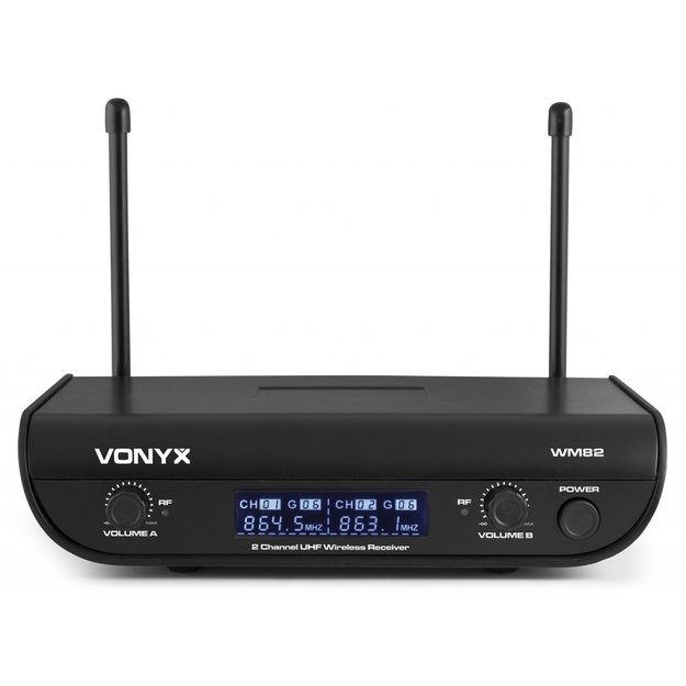 VONYX WM82 UHF 2-kanalų bevielių mikrofonų komplektas su 2 rankiniais mikrofonais