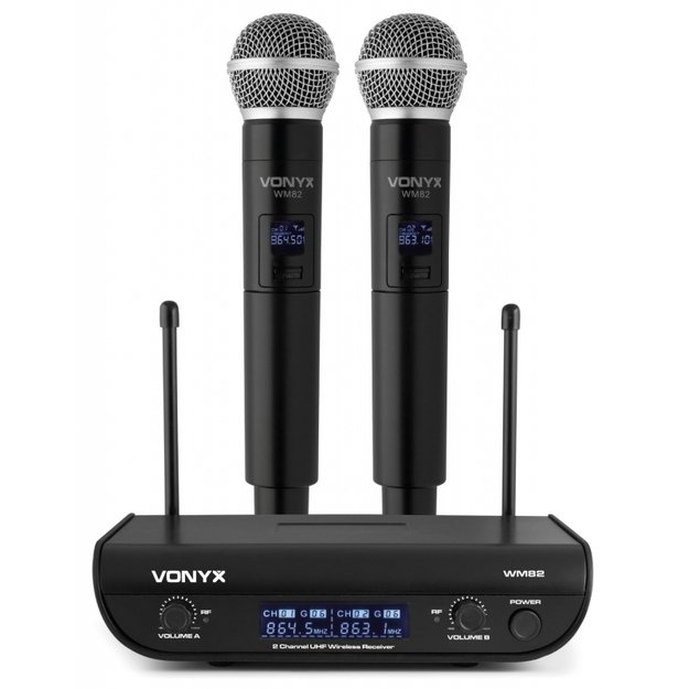VONYX WM82 UHF 2-kanalų bevielių mikrofonų komplektas su 2 rankiniais mikrofonais