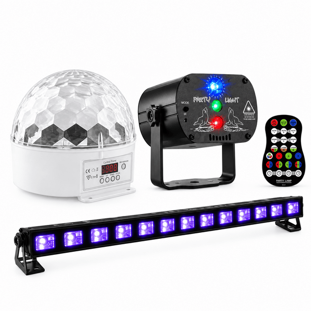 BeamZ BUV123 LED UV Bar + Disco Gobo kamuolys + Mini Lazeris