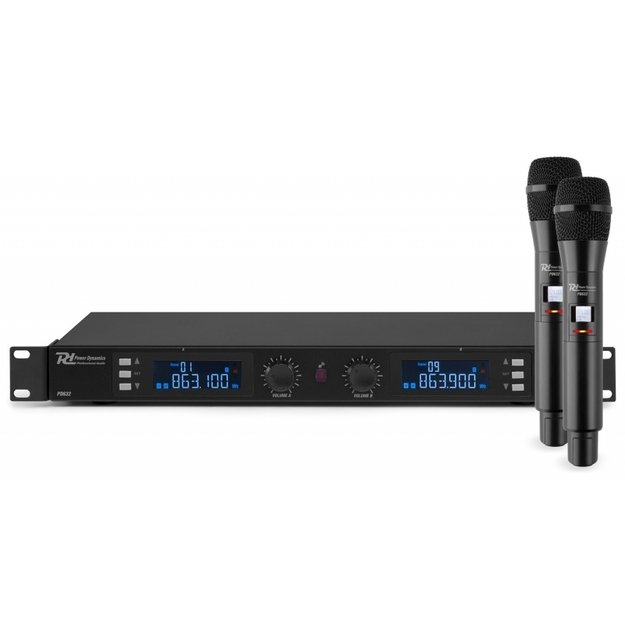 Power Dynamics PD632H 2x 20-kanalų UHF bevielių mikrofonų sistema su 2 rankiniais mikrofonais